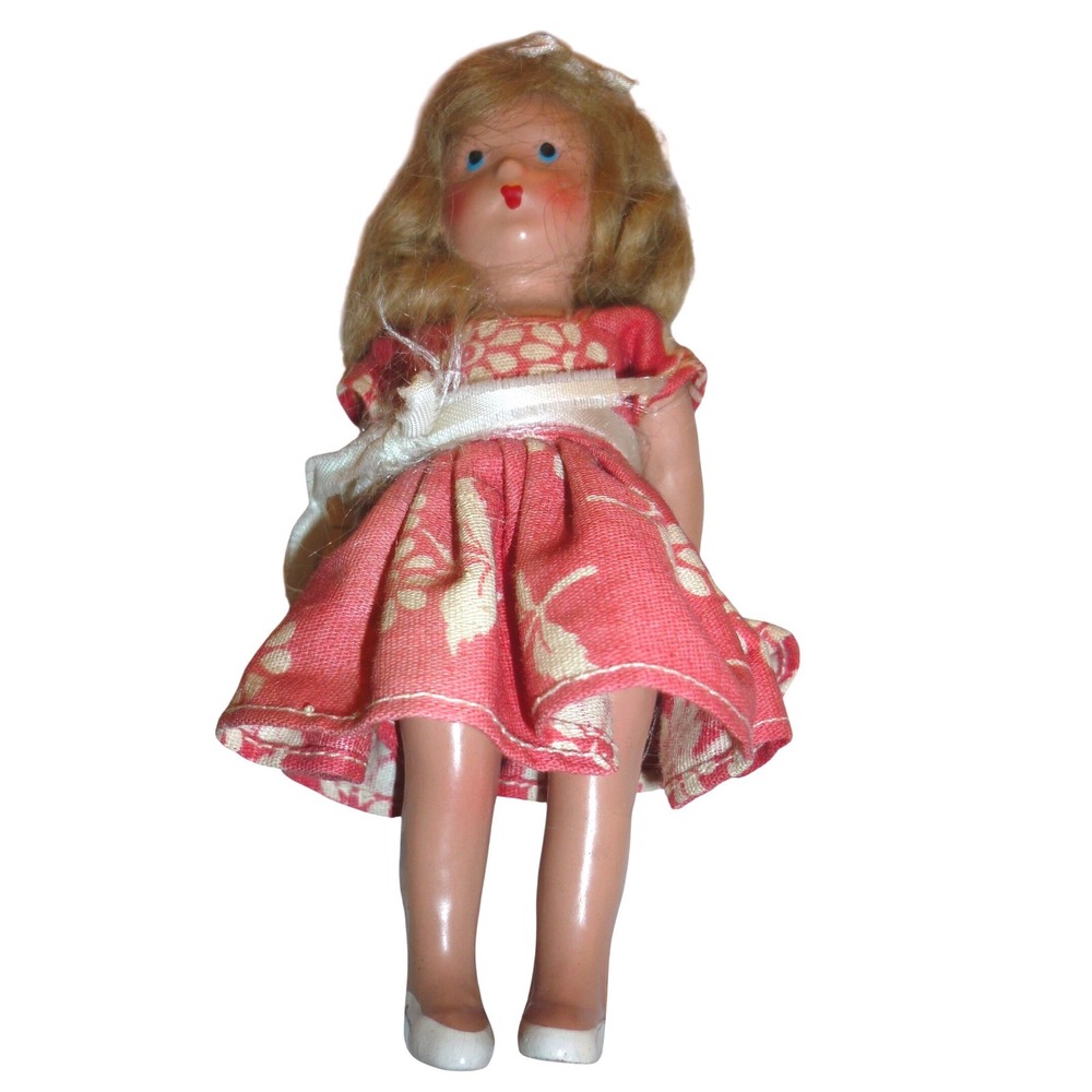 Nancy Ann Storybook Doll Bisque Blonde Painted White Shoes Floral Dress 5"